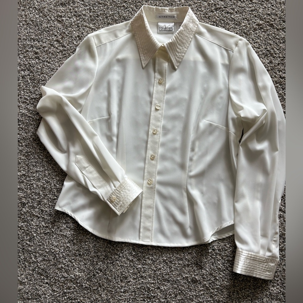 Beautiful Off-White (Ivory) Button-Up Blouse with Satin Collar and Cuffs.